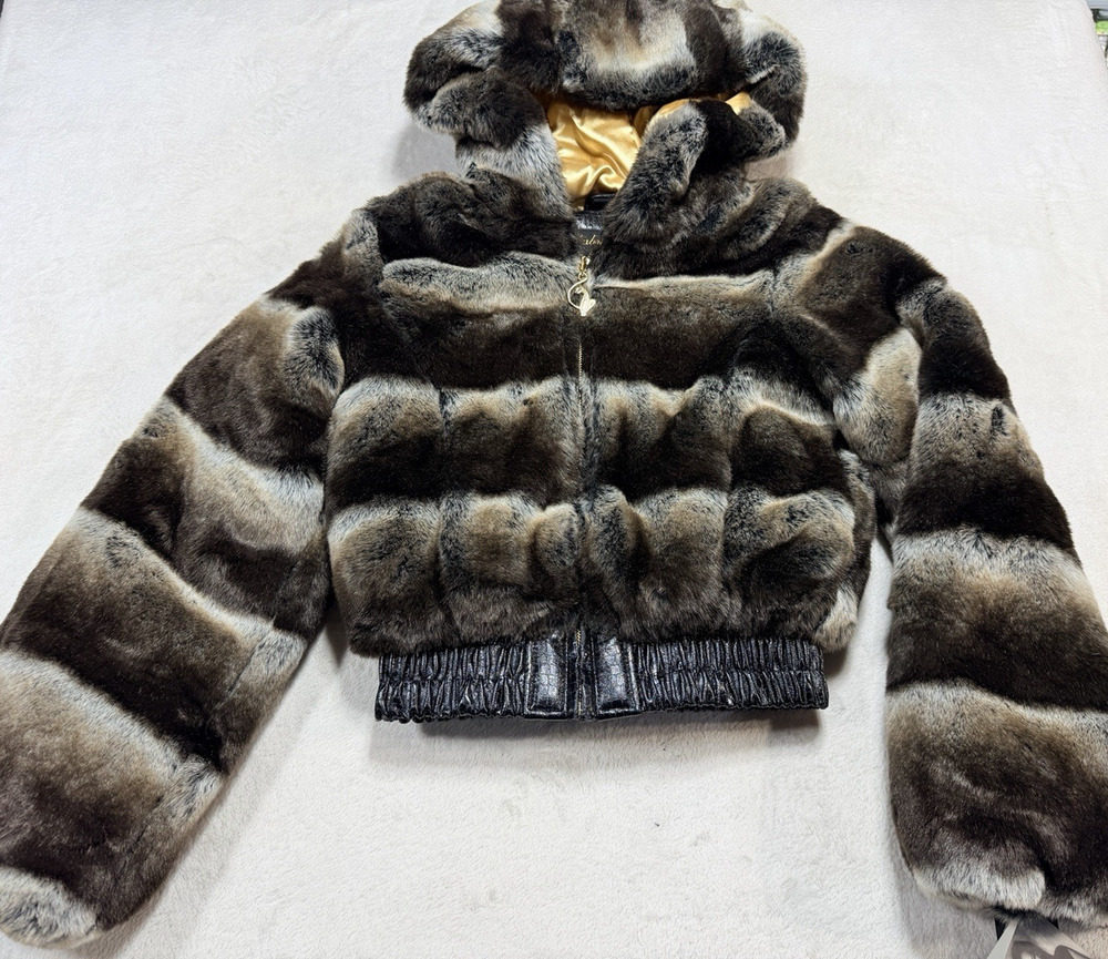 VTG Deadstock Baby Phat Faux Fur Striped Hooded Crop Jacket Y2K Glam Hip Sz Sm